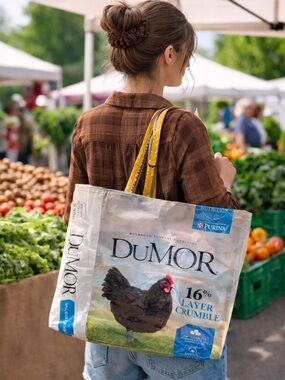 DUMOR Recycled Feed Sack Tote Bag with Chicken Graphic